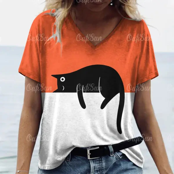 Women’s Oversized Cat Print T-Shirt - Summer 3D Graphic Tee - Casual Crew Neck Streetwear Top - K01-LL50305 / S