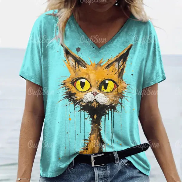 Women’s Oversized Cat Print T-Shirt - Summer 3D Graphic Tee - Casual Crew Neck Streetwear Top - K01-LL50320 / 5XL