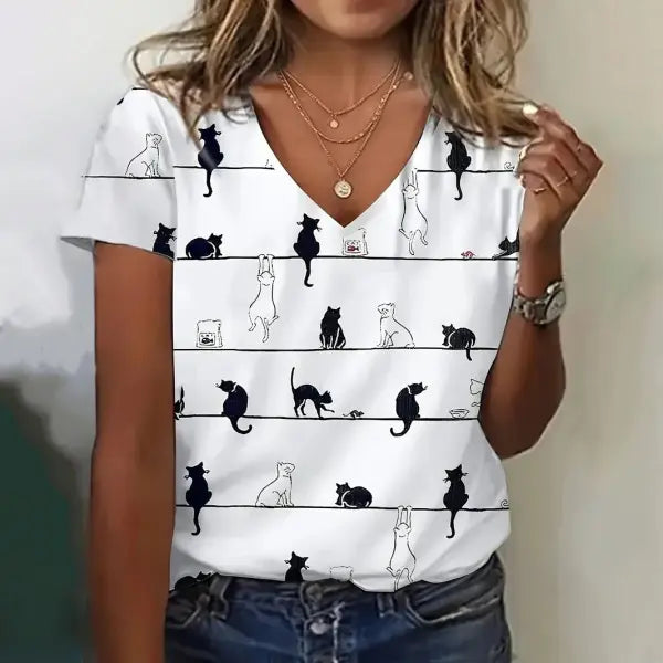 Women’s Oversized Cat Print T-Shirt - Summer 3D Graphic Tee - Casual Crew Neck Streetwear Top - K01-ST09029 / M