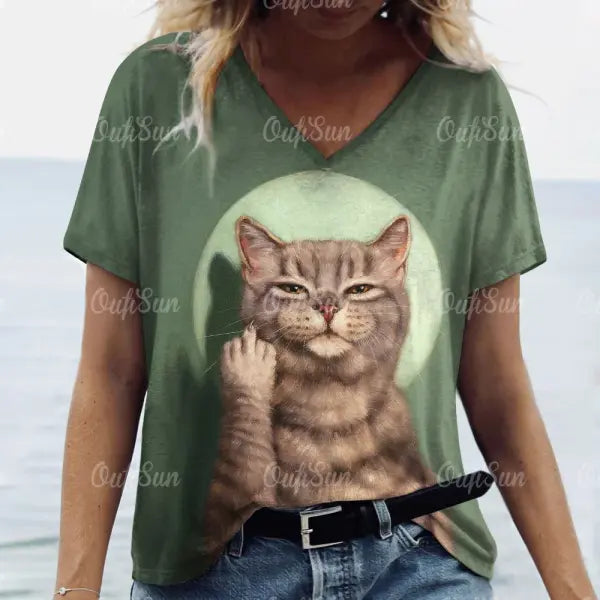 Women’s Oversized Cat Print T-Shirt - Summer 3D Graphic Tee - Casual Crew Neck Streetwear Top - K01-LL50318 / 5XL