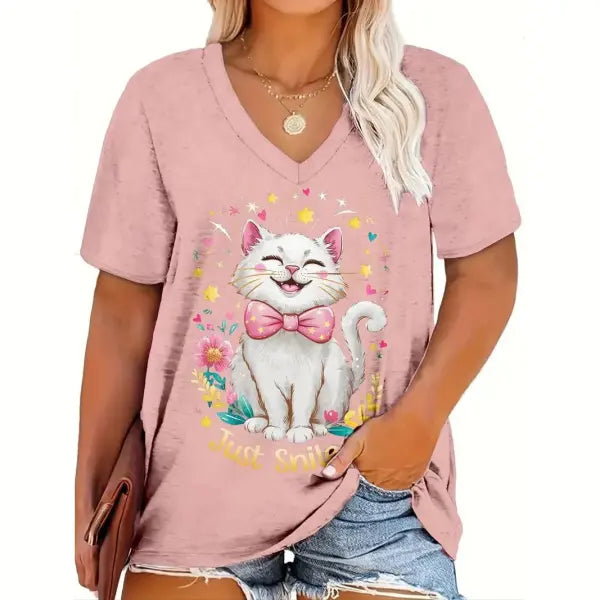 Women’s Oversized Cat Print T-Shirt - Summer 3D Graphic Tee - Casual Crew Neck Streetwear Top - K01-ST09028 / 3XL