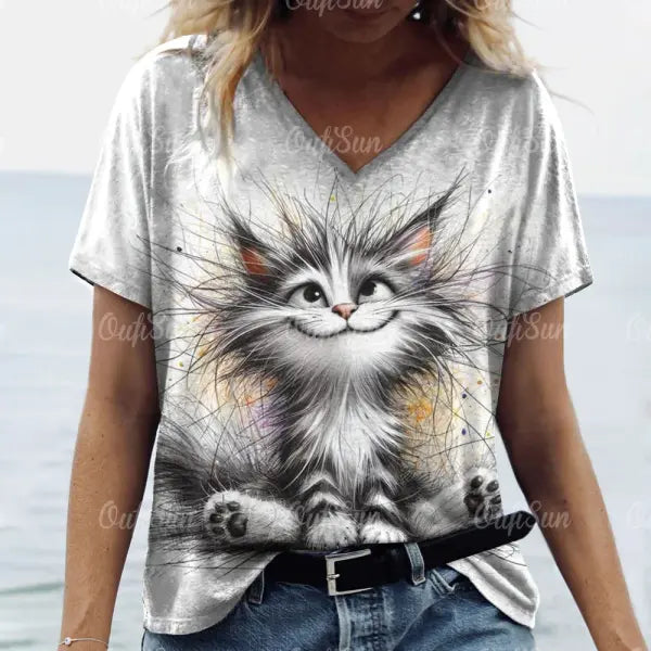 Women’s Oversized Cat Print T-Shirt - Summer 3D Graphic Tee - Casual Crew Neck Streetwear Top - K01-LL50323 / M