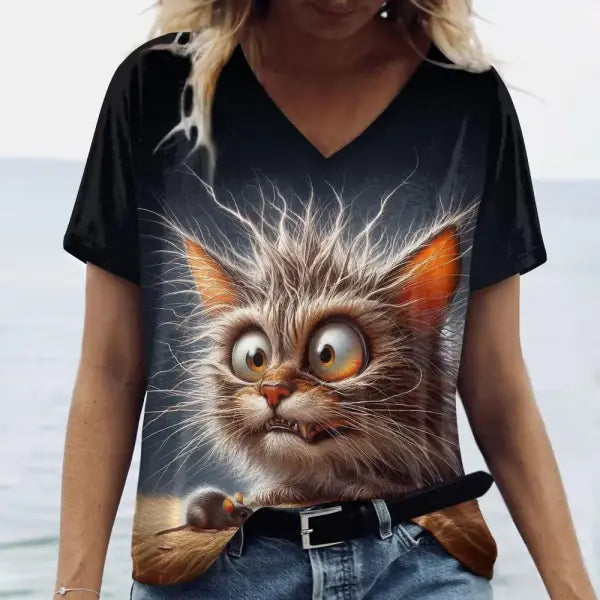 Women’s Oversized Cat Print T-Shirt - Summer 3D Graphic Tee - Casual Crew Neck Streetwear Top - K01-SC20866 / M