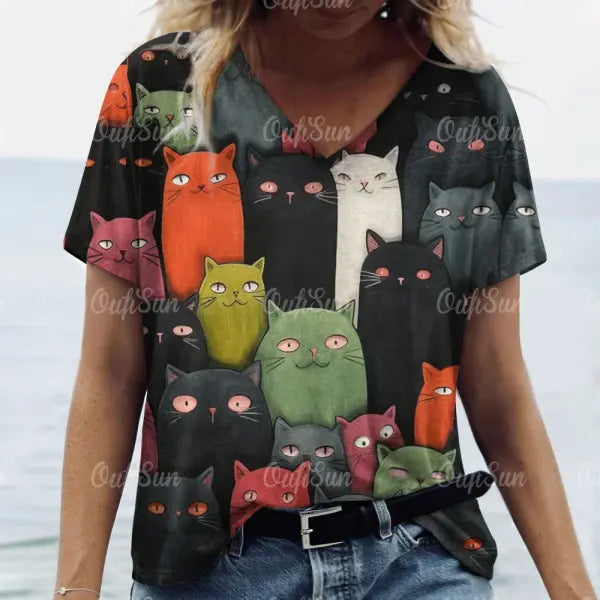 Women’s Oversized Cat Print T-Shirt - Summer 3D Graphic Tee - Casual Crew Neck Streetwear Top - K01-LL50314 / 5XL