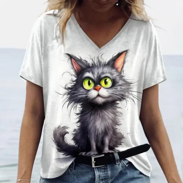 Women’s Oversized Cat Print T-Shirt - Summer 3D Graphic Tee - Casual Crew Neck Streetwear Top - K01-SC20868 / M