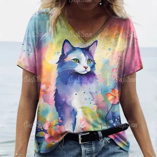 Women’s Oversized Cat Print T-Shirt - Summer 3D Graphic Tee - Casual Crew Neck Streetwear Top - K01-LL50322 / 5XL