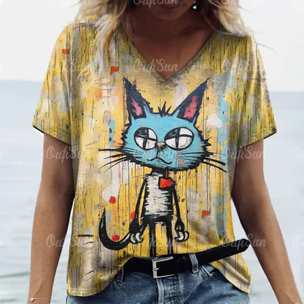 Women’s Oversized Cat Print T-Shirt - Summer 3D Graphic Tee - Casual Crew Neck Streetwear Top - K01-LL50319 / 5XL