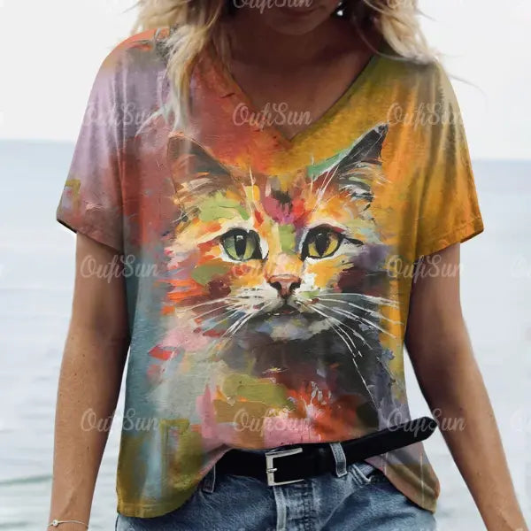 Women’s Oversized Cat Print T-Shirt - Summer 3D Graphic Tee - Casual Crew Neck Streetwear Top - K01-LL50306 / S