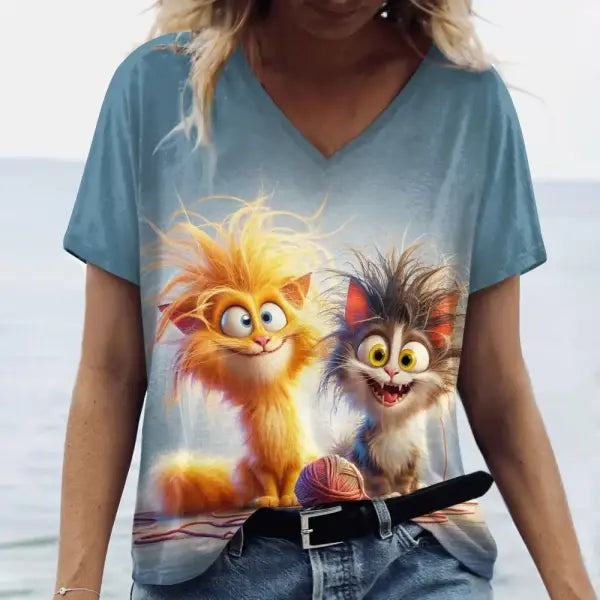 Women’s Oversized Cat Print T-Shirt - Summer 3D Graphic Tee - Casual Crew Neck Streetwear Top - K01-SC20863 / 3XL