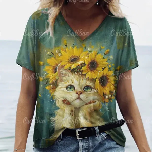 Women’s Oversized Cat Print T-Shirt - Summer 3D Graphic Tee - Casual Crew Neck Streetwear Top - K01-LL50321 / M