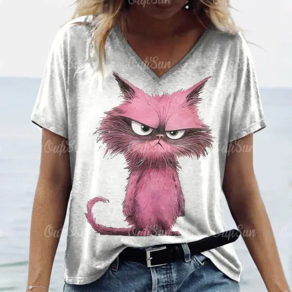 Women’s Oversized Cat Print T-Shirt - Summer 3D Graphic Tee - Casual Crew Neck Streetwear Top - K01-LL50312 / 5XL