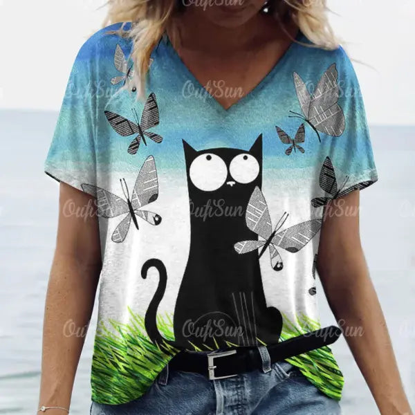 Women’s Oversized Cat Print T-Shirt - Summer 3D Graphic Tee - Casual Crew Neck Streetwear Top - K01-LL50316 / 5XL