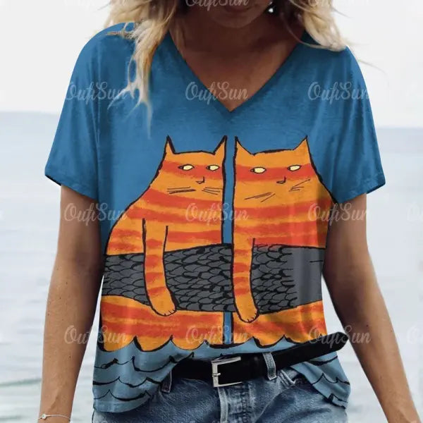 Women’s Oversized Cat Print T-Shirt - Summer 3D Graphic Tee - Casual Crew Neck Streetwear Top - K01-LL50301 / 3XL