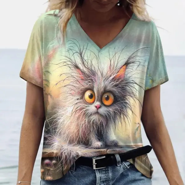 Women’s Oversized Cat Print T-Shirt - Summer 3D Graphic Tee - Casual Crew Neck Streetwear Top - K01-SC20867 / M