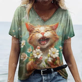 Women’s Oversized Cat Print T-Shirt - Summer 3D Graphic Tee - Casual Crew Neck Streetwear Top - K01-LL50325 / M
