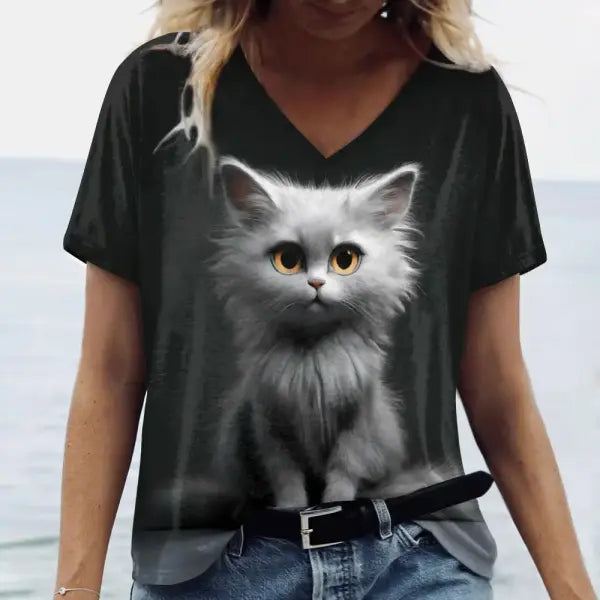 Women’s Oversized Cat Print T-Shirt - Summer 3D Graphic Tee - Casual Crew Neck Streetwear Top - K01-SC20865 / 5XL