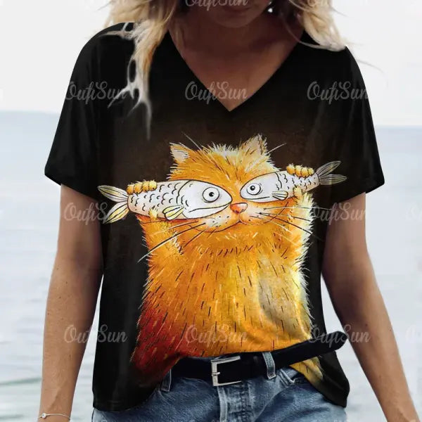Women’s Oversized Cat Print T-Shirt - Summer 3D Graphic Tee - Casual Crew Neck Streetwear Top - K01-LL50308 / S