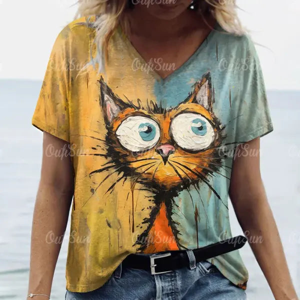Women’s Oversized Cat Print T-Shirt - Summer 3D Graphic Tee - Casual Crew Neck Streetwear Top - K01-LL50307 / S