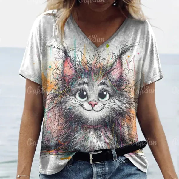 Women’s Oversized Cat Print T-Shirt - Summer 3D Graphic Tee - Casual Crew Neck Streetwear Top - K01-LL50324 / 5XL