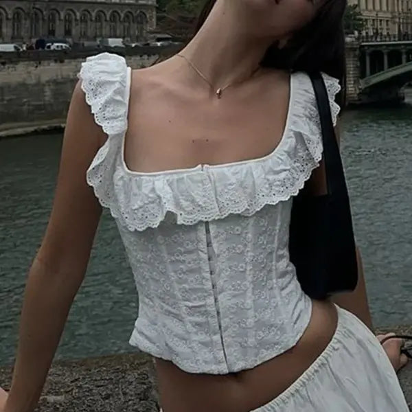 Suninheart Summer White Corset Top Elegant 2025 New Arrivals Short Backless Lace Up Tops Cotton Jacquard Bodycon Tops