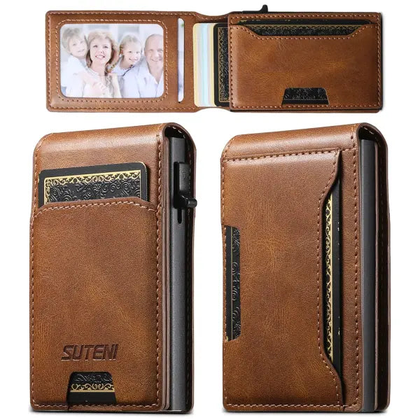 Artificial Leather Men Wallet with Storage Compartment and Card Ejector - Brown