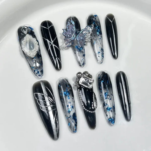 Sweet Duckbill Press-On Nails 10pcs Set with Blue Rhinestone Heart - XS-send tool kit