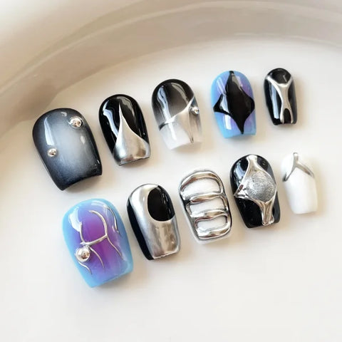 Sweet Duckbill Press-On Nails 10pcs Set with Blue Rhinestone Heart - L-send tool kit 2