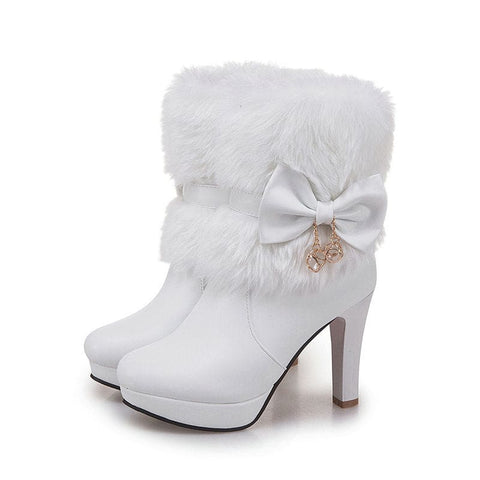 Sweet Princess Autumn And Winter Short Boots Snow Women Middle Boots Women Boots Thick Heel Short Boots - White / 32