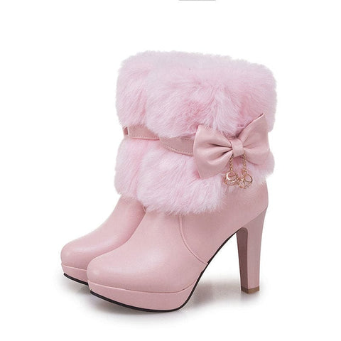 Sweet Princess Autumn And Winter Short Boots Snow Women Middle Boots Women Boots Thick Heel Short Boots - Pink / 32