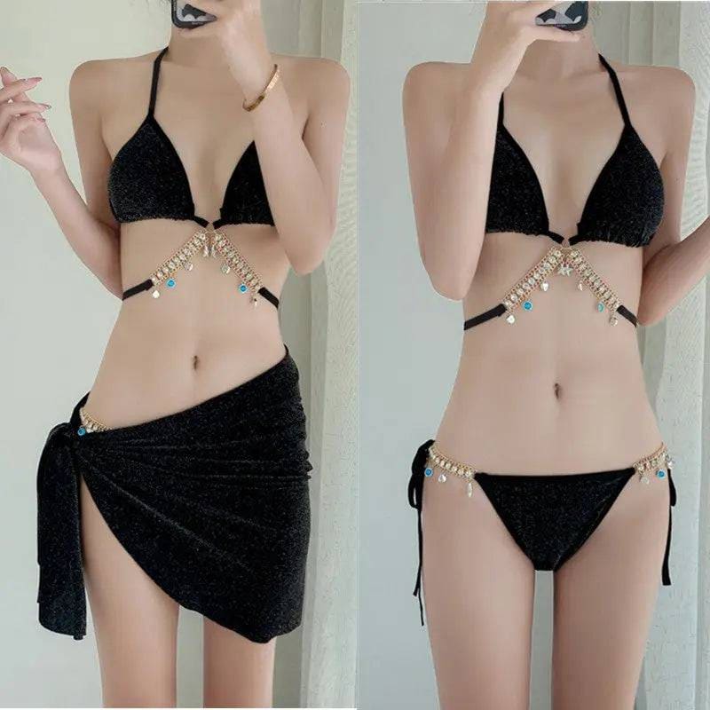 Swimsuit Woman Fish Drill Chain Strap Triangle Suit - 1338 Black / Average Size