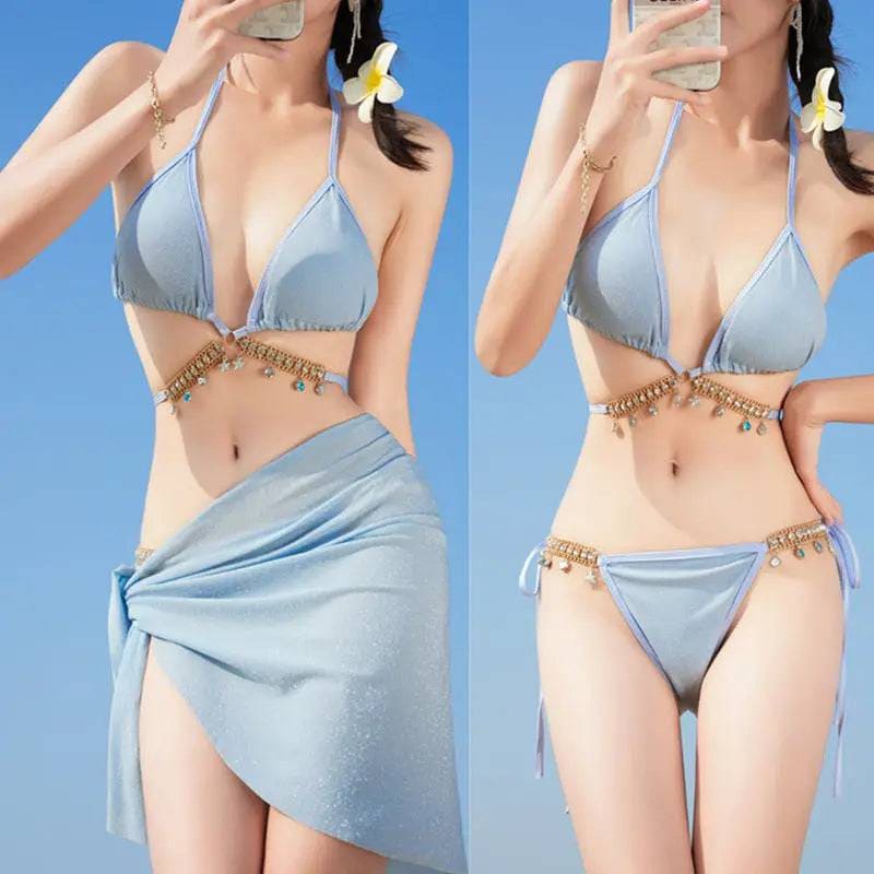 Swimsuit Woman Fish Drill Chain Strap Triangle Suit - 1338 Blue / Average Size