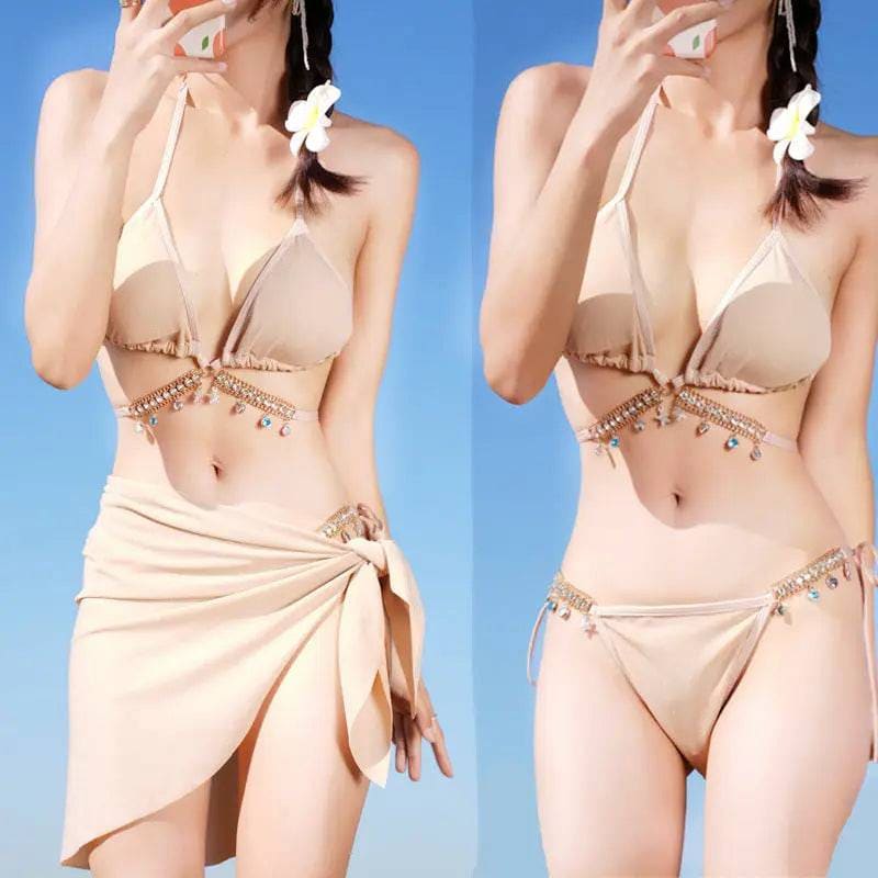 Swimsuit Woman Fish Drill Chain Strap Triangle Suit - 1338 Camel / Average Size