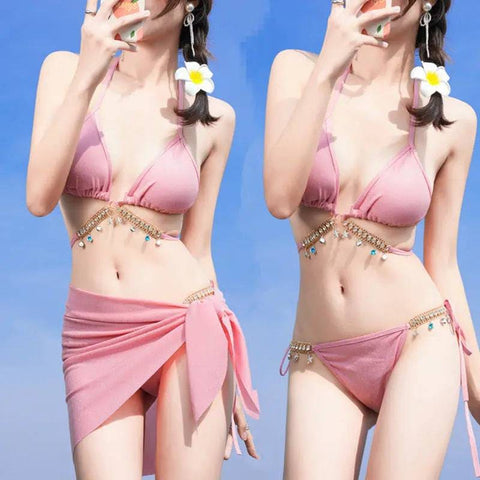 Swimsuit Woman Fish Drill Chain Strap Triangle Suit - 1338 Pink / Average Size