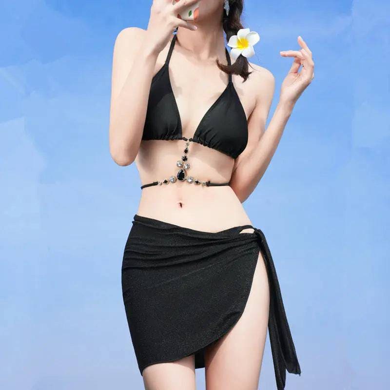 Swimsuit Woman Fish Drill Chain Strap Triangle Suit - 83032 Black / Average Size