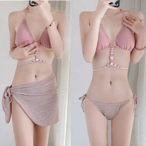 Swimsuit Woman Fish Drill Chain Strap Triangle Suit - 83032 Pink / Average Size