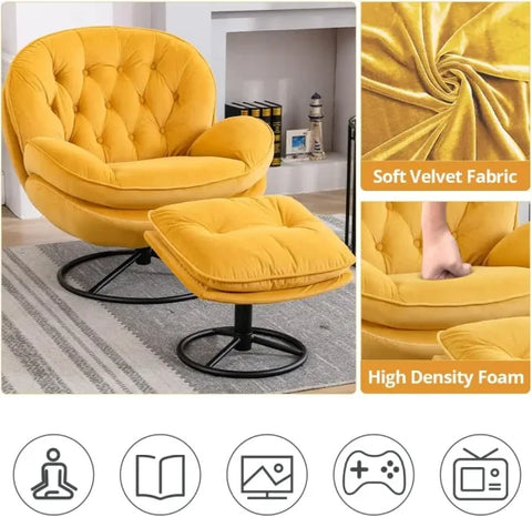 Swivel Accent Chair with Ottoman Set - Comfortable Yellow Leisure Sofa Chair for Living - United States