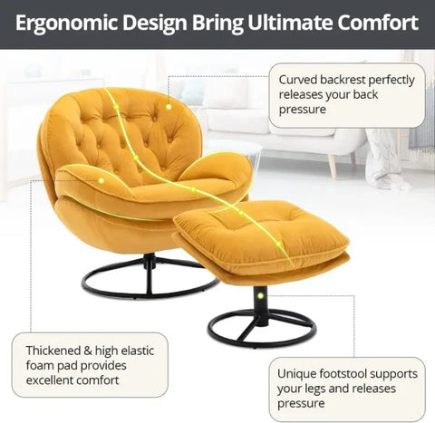 Swivel Accent Chair with Ottoman Set - Comfortable Yellow Leisure Sofa Chair for Living - United States