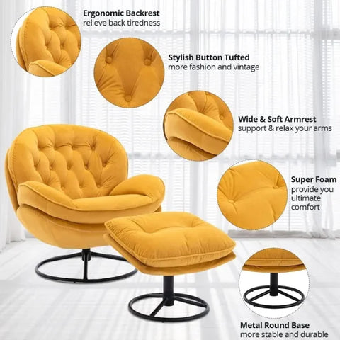 Swivel Accent Chair with Ottoman Set - Comfortable Yellow Leisure Sofa Chair for Living - United States