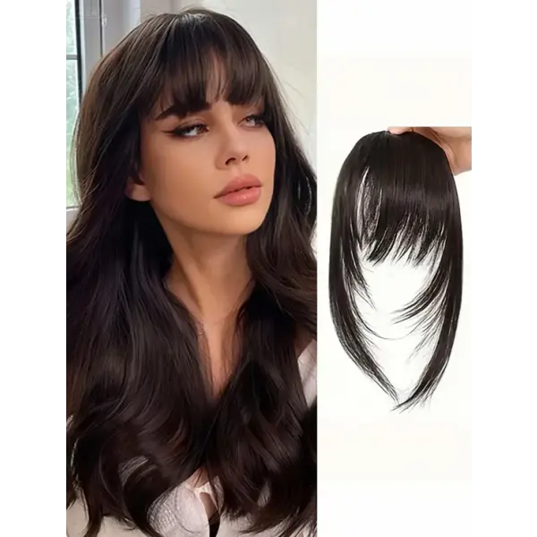 Synthetic Hair Clip-In Bangs Cut Wispy Fringe with Sideburns Dark Brown Natural Look for Women Daily Party Wear - Black