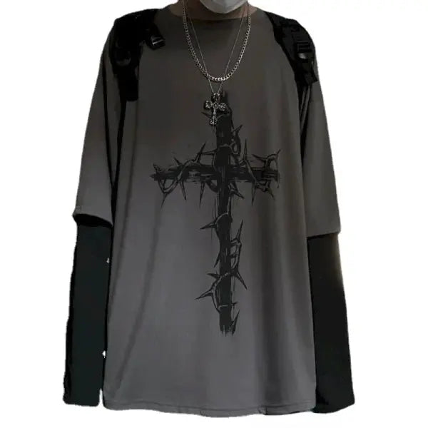 T-shirt for Men Summer Cross of Thorns Suitcase Men’s T-shirts Long-sleeved Dark Hip-hop Men’s oversize t-shirt Y2k T