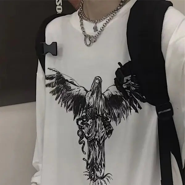 T-shirt for Men Summer Cross of Thorns Suitcase Men’s T-shirts Long-sleeved Dark Hip-hop Men’s oversize t-shirt Y2k T