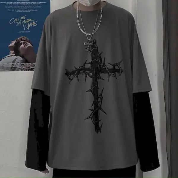 T-shirt for Men Summer Cross of Thorns Suitcase Men’s T-shirts Long-sleeved Dark Hip-hop Men’s oversize t-shirt Y2k T