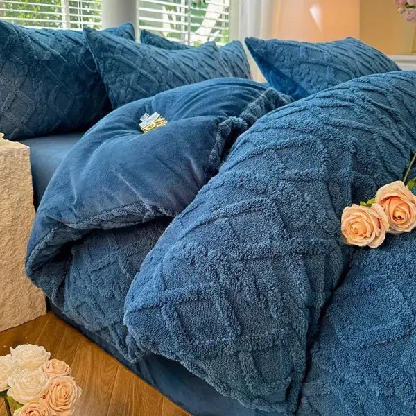 Milk Fleece Quilt Set: Thickened Warm Winter Duvet Cover for Double Bed - Navy / Single 150x200cm 1pc