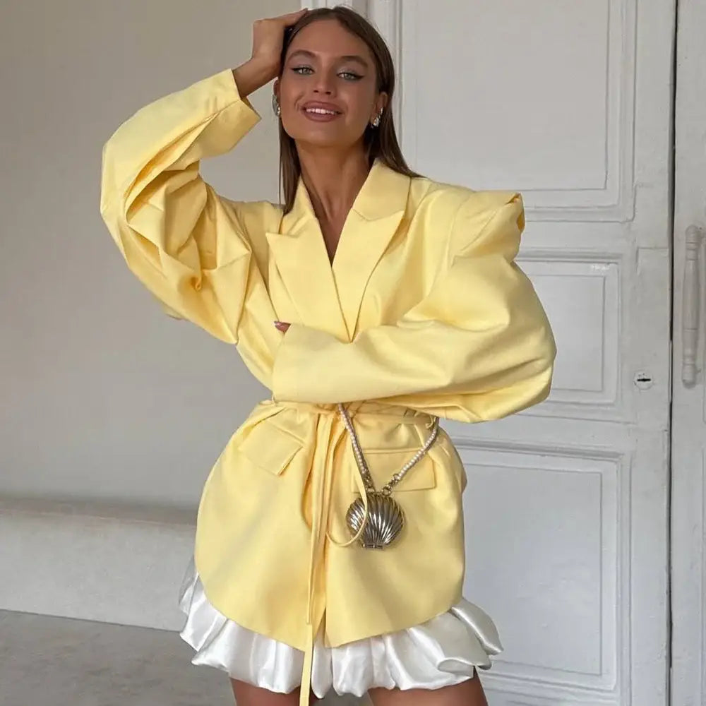 Talenza Lace Up Shoulder Pad Blazer Coat Women’s Lapel Button Long Sleeve Pockets Coats Female Elegant Chic Loose