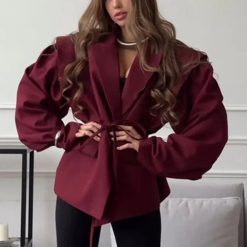 Talenza Lace Up Shoulder Pad Blazer Coat Women’s Lapel Button Long Sleeve Pockets Coats Female Elegant Chic Loose