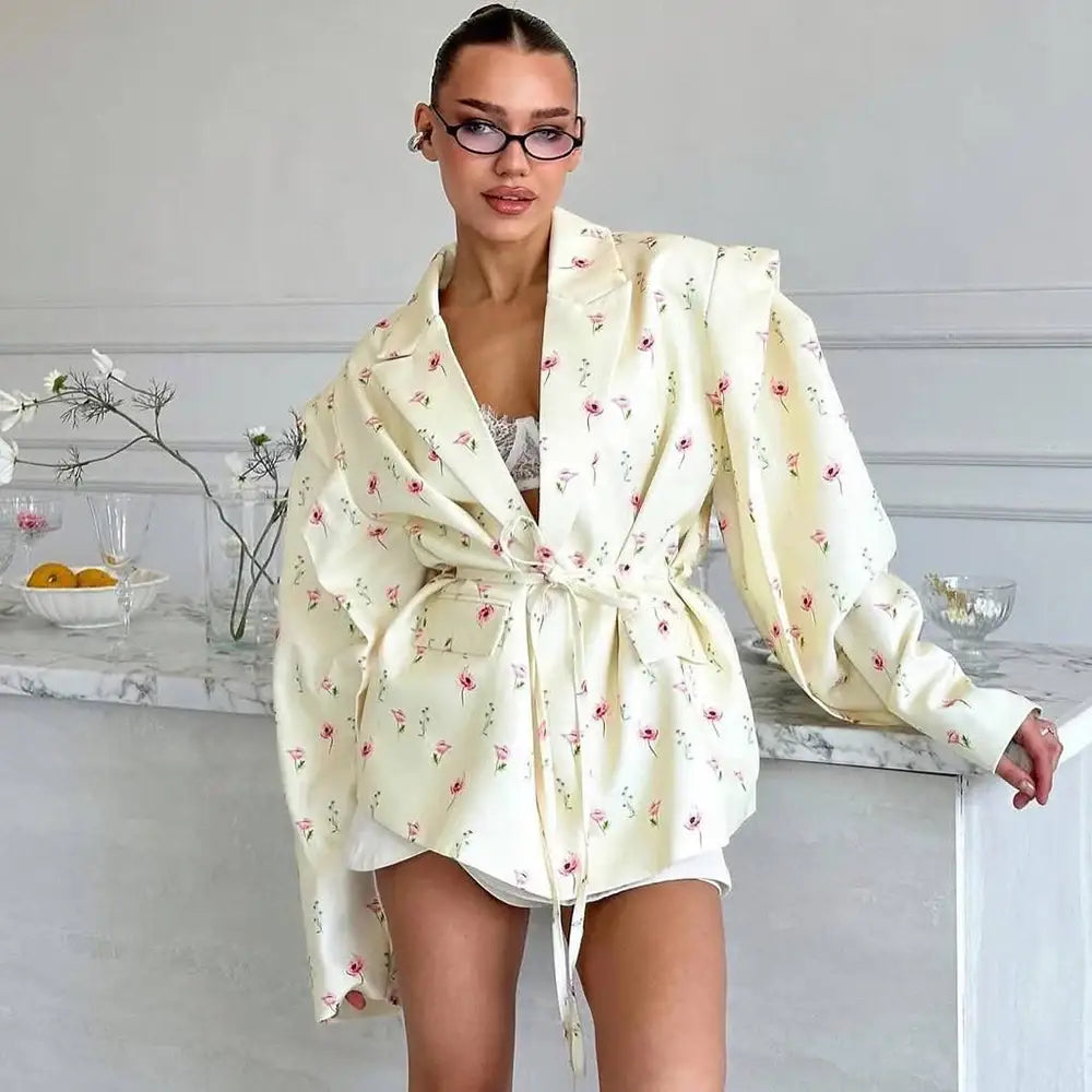 Talenza Lace Up Shoulder Pad Blazer Coat Women’s Lapel Button Long Sleeve Pockets Coats Female Elegant Chic Loose