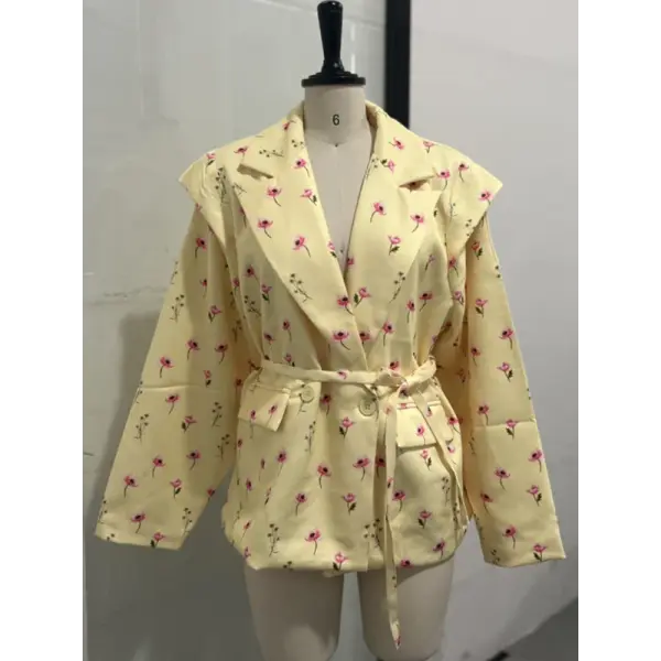 Women’s Lace-Up Shoulder Pad Blazer – Elegant Chic Loose Lapel Coat with Pockets - Yellow Print / M