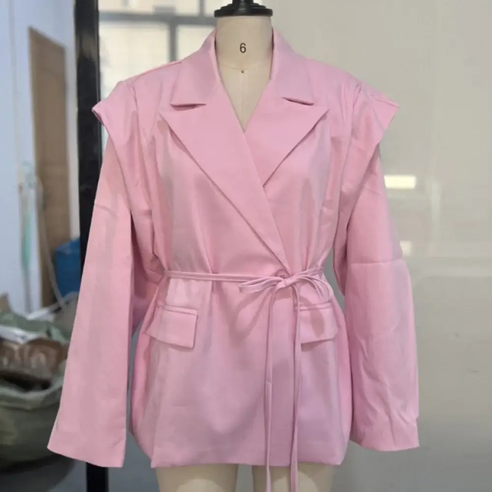 Talenza Lace Up Shoulder Pad Blazer Coat Women’s Lapel Button Long Sleeve Pockets Coats Female Elegant Chic Loose