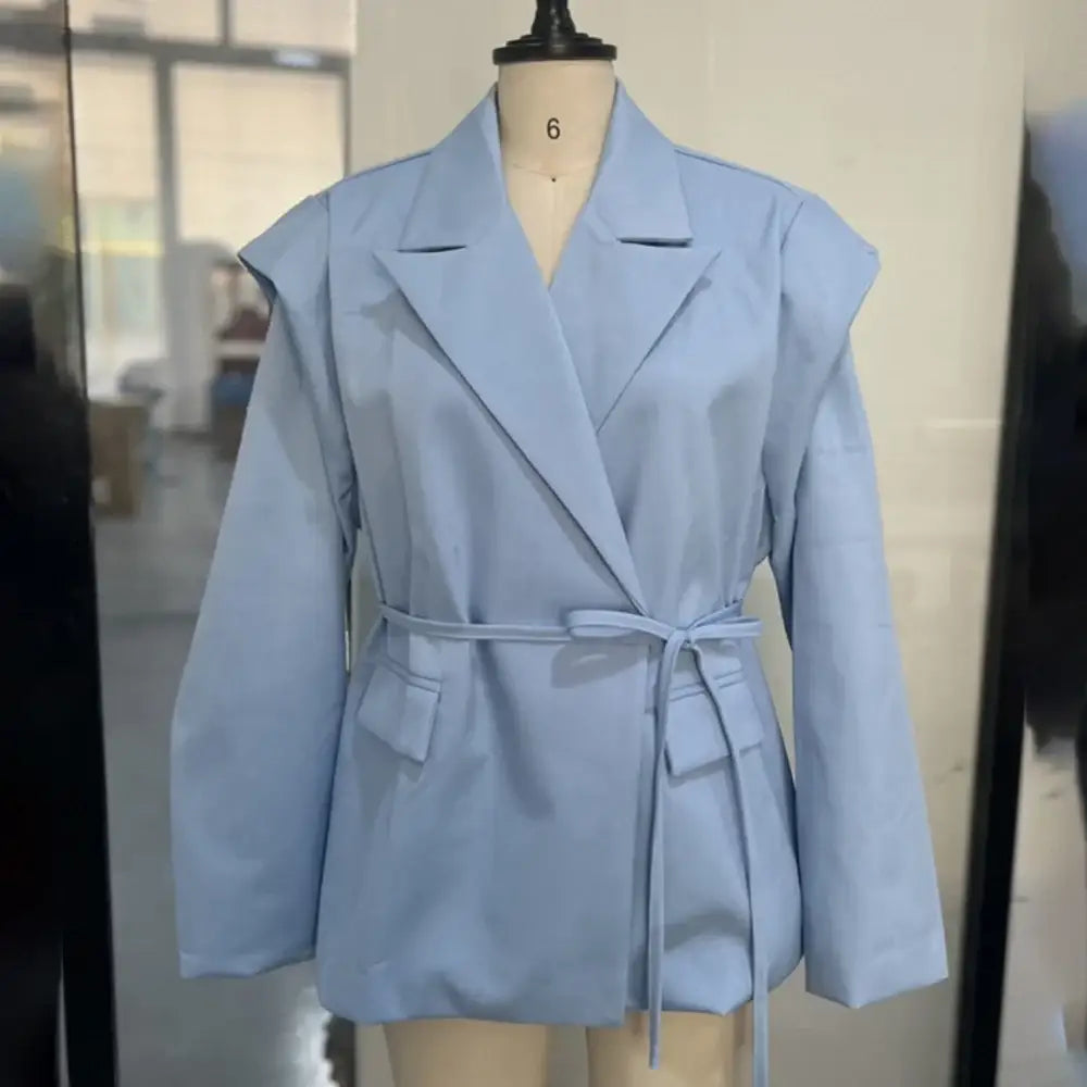 Talenza Lace Up Shoulder Pad Blazer Coat Women’s Lapel Button Long Sleeve Pockets Coats Female Elegant Chic Loose