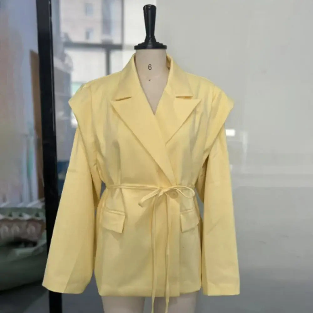 Talenza Lace Up Shoulder Pad Blazer Coat Women’s Lapel Button Long Sleeve Pockets Coats Female Elegant Chic Loose